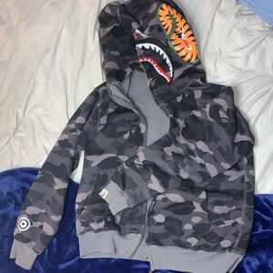 Bape Shark Hoodie Jacket in Black & Gray Camo with Orange Tiger Detail
